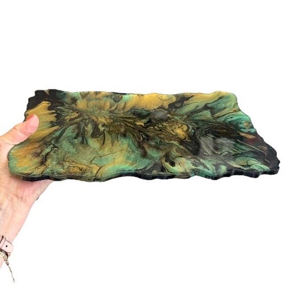 Acrylic Pour Art Resin Black Teal Gold Tray Irregular Edges - Picture 4 of 10